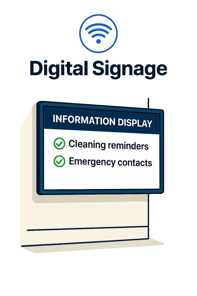 Digitale signage voor VvE – informatiescherm met actuele berichten, schoonmaakherinneringen en noodcontacten, centraal beheerd.
