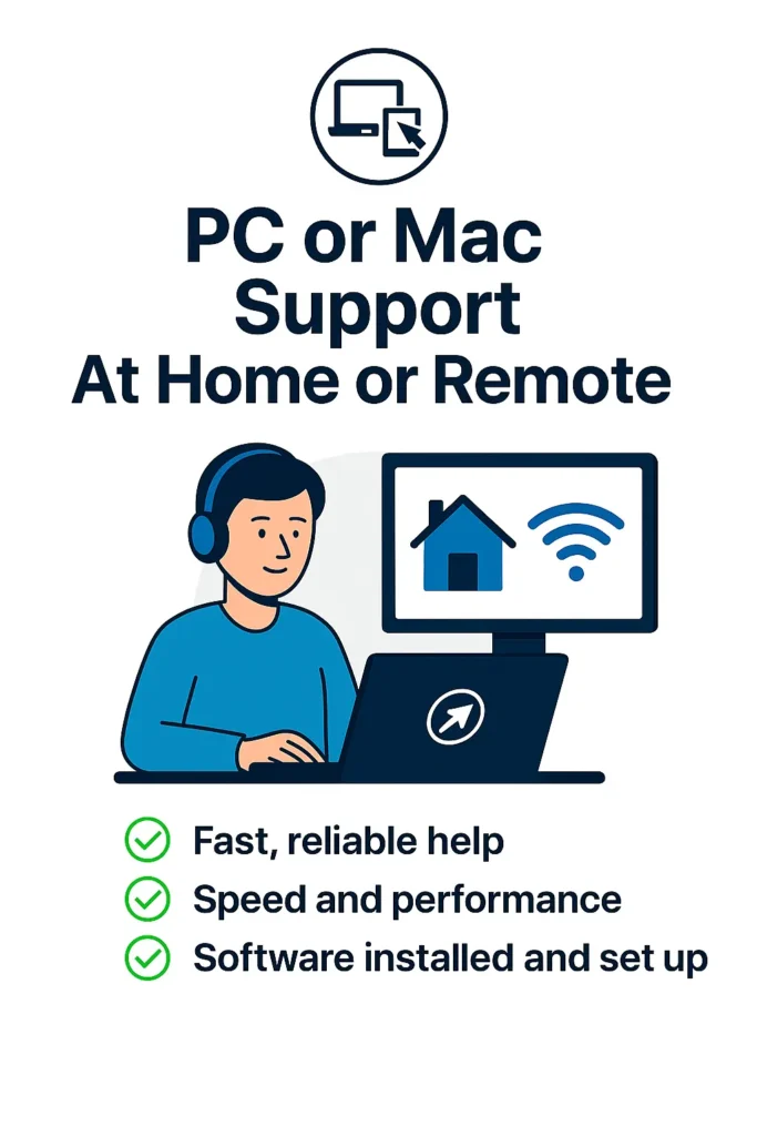 IT‐specialist voor particulieren. Snelle computerhulp voor pc en Mac – ondersteuning aan huis of op afstand, inclusief installatie, foutoplossing en advies.