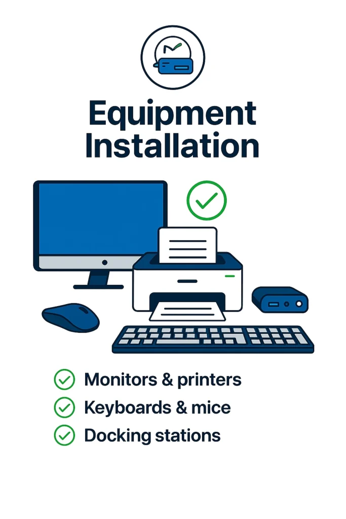 Installatie van randapparatuur voor werkplek – monitor, printer, toetsenbord, muis en docking station professioneel aangesloten.