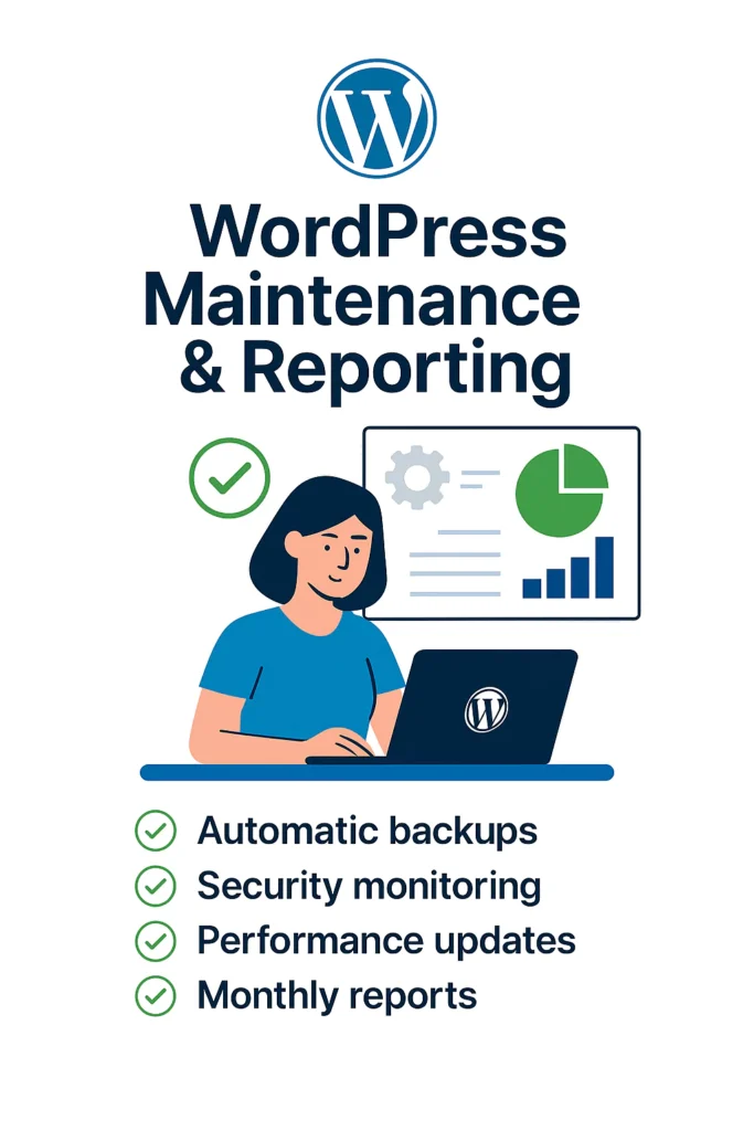 WordPress onderhoudsservice – automatische back-ups, beveiliging, updates en maandelijkse rapportage voor een veilige en betrouwbare website.